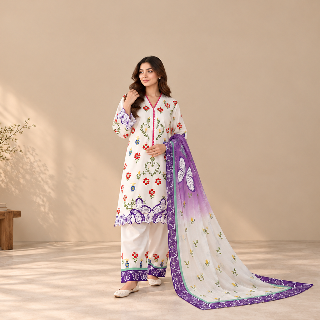 A woman models a white ethnic three-piece salwar kameez suit with colorful floral embroidery, purple borders, and a matching purple gradient dupatta with butterfly prints, set against a warm beige background.