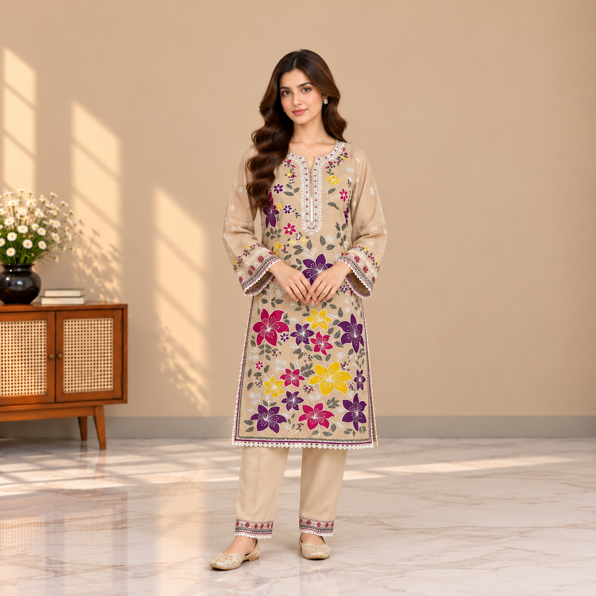 BEIGE LOVE 3 PC EMBROIDERY